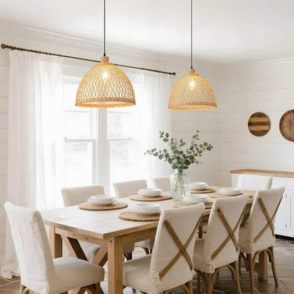 Hand-Woven Rattan Pendant Light, 16 Inch Boho Wicker Lights Fixture Wite Adjustable Cable, Coastal Hanging Lighting for Kitchen Island Dining Room Living Room Entrance Foyer