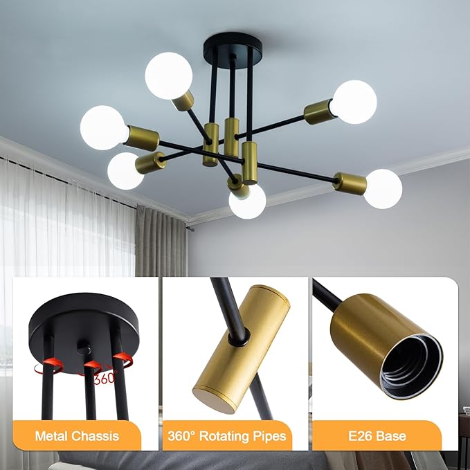 20.5 Inch Black and Gold Sputnik Ceiling Light Fixture 6-Light Black and Gold Sputnik Chandeliers, Mid Century Chandelier Modern Chandelier for Dining Room, Living Room, Bedroom, E26 Base