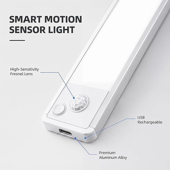 Under Cabinet Rechargeable Lighting: 8 Inch Motion Sensor Dimmable Lights Indoor - Battery Operated Lights - Wireless Closet Light Magnetic Led Light for Kitchen Home Bathroom Counter 2 Pack