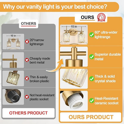 Modern Crystal Bathroom Vanity Light, 2-Light Brushed Gold Bathroom Light Fixtures with Clear Shades, Vanity Lighting Fixtures Over Mirror (Exclude Bulb)