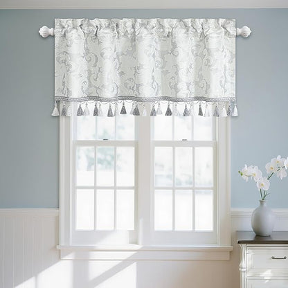 Loom and Mill Luxury Valances for Windows, Elegant Damask Thick Window Treatment Curtains Valance with Handmade Tassels for Living Room, Bedroom Party Banquet Decorations (54" x 18", Silver&White)