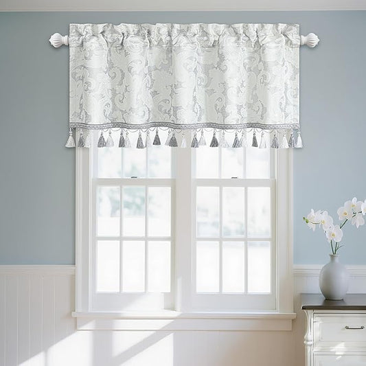 Loom and Mill Luxury Valances for Windows, Elegant Damask Thick Window Treatment Curtains Valance with Handmade Tassels for Living Room, Bedroom Party Banquet Decorations (54" x 18", Silver&White)