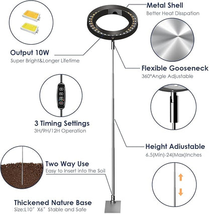 IMVSINCERE Halo Grow Light for Indoor Plants 72 LEDs - Adjustable Height （6.5-25 in） Full Spectrum LED Growing Lamp with Base, Auto On/Off Timer (3/9/12H), 10 Dimmable Brightness, 5V Adapter 160MM