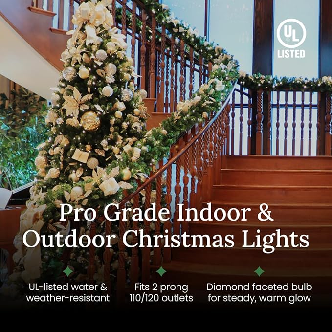 Pro Christmas M5 LED Holiday Lights - 100 Bulbs, 33.3ft - Professional Grade Indoor Outdoor Diamond Cut Sparkle Light Strings for Home Decorations and Christmas Trees - 28K Warm White