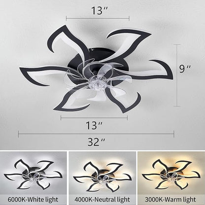 32" Black Geometric Modern 6-Head Ceiling Fan with Lights Remote Control, Low Profile Ceiling Fan with Light for Kitchen Bedroom Living Room