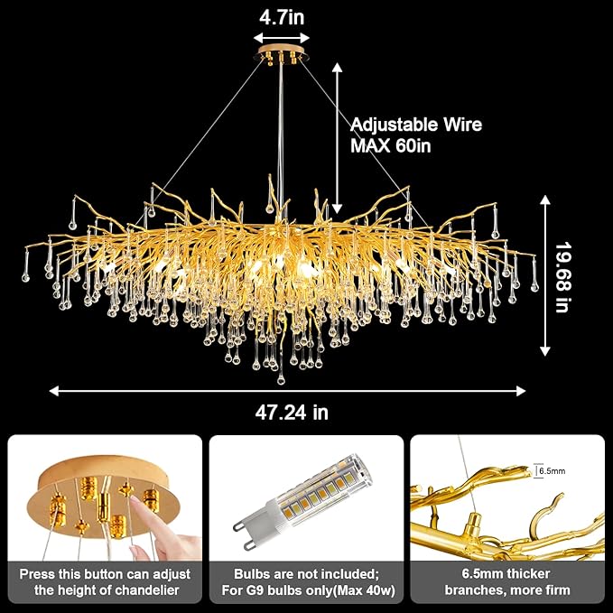 Chandeliers for Dining Room - 47.5" Modern Crystal Chandelier, Round Tree Branch Raindrop Chandelier, Foyer Chandeliers for Entryway, Living Room,Bedrooms,Bathroom(Bulb not Included)