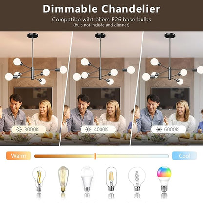 6-Light Modern Sputnik Chandelier, E26 Base Branch Height Adjustable,Mid Century Chandelier Pendant Light for Dining Room Hallway Bedroom Foyer Living Room Kitchen (Bulbs Not Included)