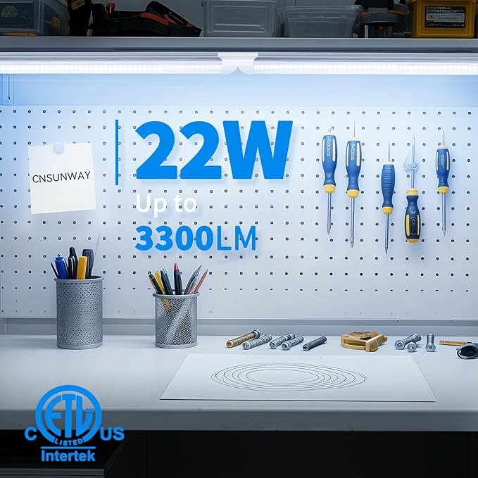 CNSUNWAY LED Shop Light 2FT, 22W 3300LM 6500K, T8 LED Tube Lights, Clear Cover, Ceiling and Utility Shop Lights, Linkable Light Fixture for Workshop, Garage, Workbench, Warehouse, ETL Listed (2 Pack)