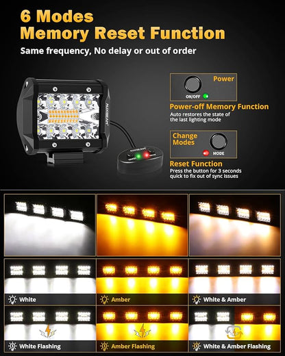Auxbeam 6 Modes Amber White Series, 4 Packs LED Pod Lights Flash Strobe Warning Multi-Function, 4" 240W Spot Flood Combo LED Offroad Lights, for 4x4 4WD Truck Car Jeep Wrangler
