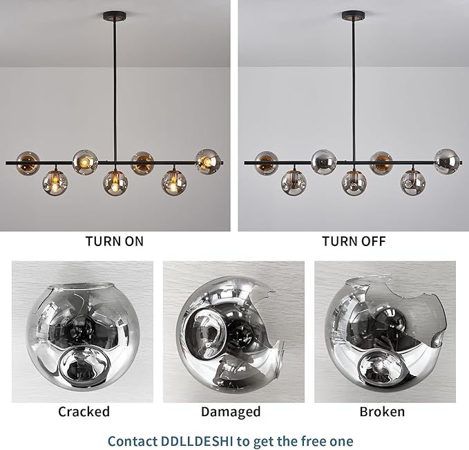 Modern linear chandeliers for dining room,7 Lights Glass Globe sputnik ceiling light fixture 41" Mid Century black and gold chandelier (Large Long Pendant Hanging Lighting for Kitchen Island)