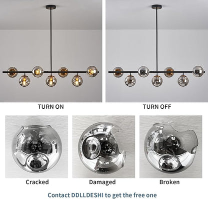 Modern linear chandeliers for dining room,7 Lights Glass Globe sputnik ceiling light fixture 41" Mid Century black and gold chandelier (Large Long Pendant Hanging Lighting for Kitchen Island)