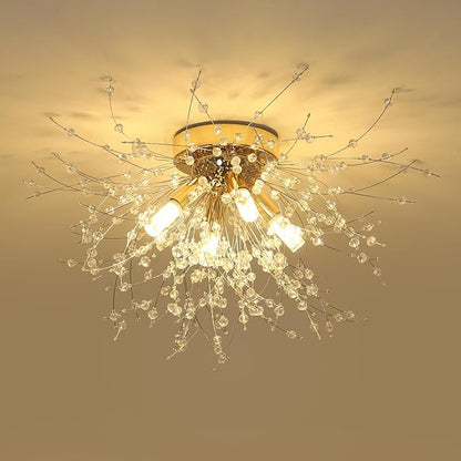 HMVPL Gold Crystal Flush Mount Ceiling Light, 4-Light Brass Mini Chandelier Light Fixture,Modern Sputnik Ceiling Light,Golden Light Fixture for Hallway Kitchen Foyer Nursery Closet Bedroom Dining Room