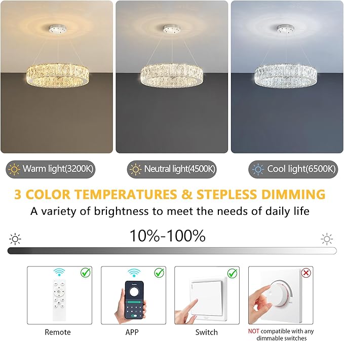 Modern Crystal Chandelier 15W LED Dimmable Lighting Fixture Adjustable Round Pendant Light for Dining Room Living Room Kitchen Bedroom Silver