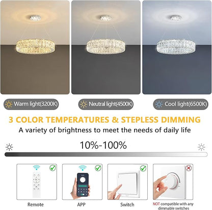 Modern Crystal Chandelier 15W LED Dimmable Lighting Fixture Adjustable Round Pendant Light for Dining Room Living Room Kitchen Bedroom Silver