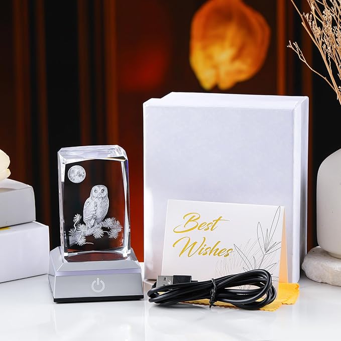 3D Laser Etched Crystal Owl Night Light - Color-Changing LED Base, K9 Crystal Paperweight & Home Decor Gift for Owl Lovers - 3.15inch