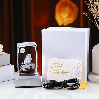 3D Laser Etched Crystal Owl Night Light - Color-Changing LED Base, K9 Crystal Paperweight & Home Decor Gift for Owl Lovers - 3.15inch