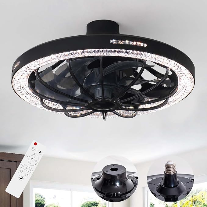 Socket Fan Light with Remote, 13 inch Socket Ceiling Fan with Dimmable Led Light, 3 Colors 3000K-6500K, 3 Speeds, Flush Mount Ceiling Fans with Lights for Bedroom, Kitchen, Living Room-Black