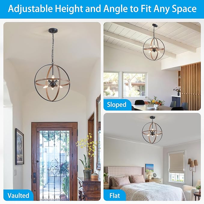XINGQI Vintage Globe Chandelier Orb Pendant Lighting Fixtures,6-Light Sphere Lights Over Island 19.7" Black and Wood Grain Finish Chandeliers for Dining Room,Kitchen,Living Room