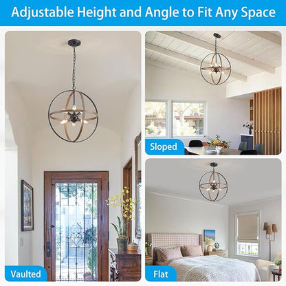 XINGQI Vintage Globe Chandelier Orb Pendant Lighting Fixtures,6-Light Sphere Lights Over Island 19.7" Black and Wood Grain Finish Chandeliers for Dining Room,Kitchen,Living Room