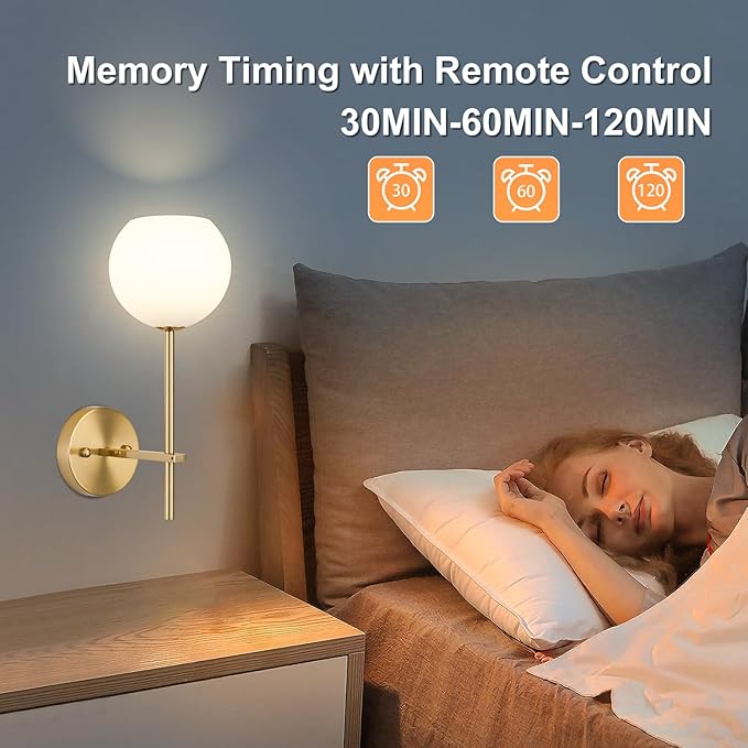 Gold Battery Operated Wall Sconces Set of 2, Rechargeable Wireless Wall Lights with Milky White Frosted Glass Shade, 12 RGB and 3CCT Dimmable, Wall Lamps with Remote for Bedroom Living Room Hallway