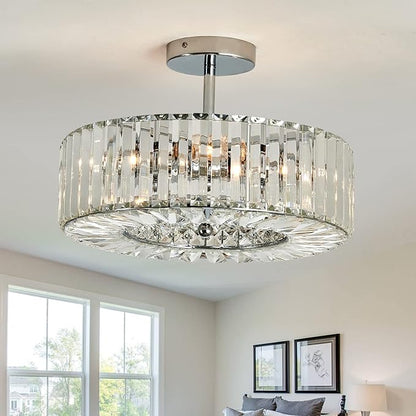Piepooye 4 Lights Modern Crystal Chandelier Chrome Round Semi Flush Mount Ceiling Light Fixture Farmhouse Chandelier for Dinning Room Living Room Bedroom Hallway Entryway Kitchen