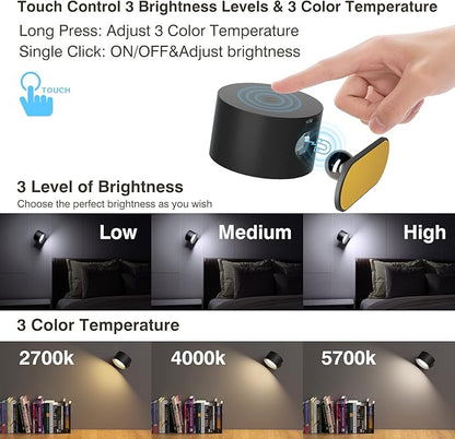 AKSDA LED Reading Lights, Wall Mounted Sconces with 3 Color Temperatures & 3 Brightness Levels, Rechargeable Battery Operated Touch Control 360° Magnetic Ball for Study Bedside Bedroom