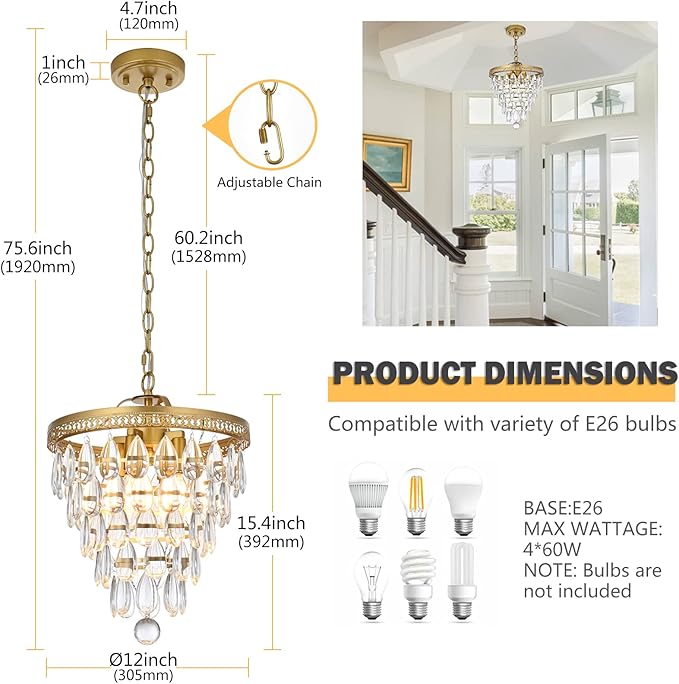 4 Light Chandeliers for Dining Room, K9 Crystal 5-Tier Vintage Gold Chandelier Light Fixture Pendant Lights Kitchen Island,Modern Chandeliers for Bedroom,Entryway