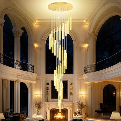 D28inxH177in Long Crystal Column Chandelier Extra Large Staircase Chandelier for High Ceiling Gold 30-Lights Dimmable LED Pendant Lighting Foyer Entryway Light Source is Replaceable