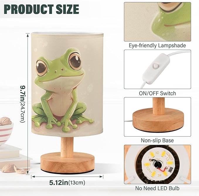 Cute Frog Animal Table Lamp with Wood Base Fabric Lamp Shade Bedside Nightstand Desk Lamp for Living Room Bedroom Kids Room Office