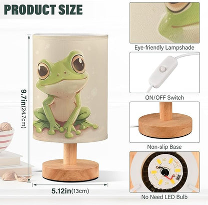 Cute Frog Animal Table Lamp with Wood Base Fabric Lamp Shade Bedside Nightstand Desk Lamp for Living Room Bedroom Kids Room Office