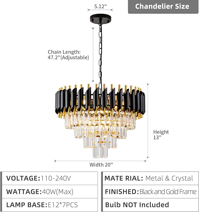 Modern Chandelier Gold and Black Crystal Chandeliers 4-Tier 20 Inch Round Hanging Crystal Pendant 7 Lights Fixture for Dining Room Bedroom Living Room Farmhouse, Clear