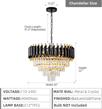 Modern Chandelier Gold and Black Crystal Chandeliers 4-Tier 20 Inch Round Hanging Crystal Pendant 7 Lights Fixture for Dining Room Bedroom Living Room Farmhouse, Clear