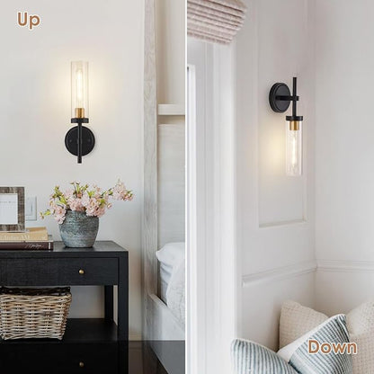 Hardwired Wall Sconces Set of Two, Black and Gold Bathroom Vanity Sconces Wall Lighting with Clear Glass Shade, Modern Farmhouse Wall Mount Lights for Mirror Bedroom Living Room Hallway Kitchen