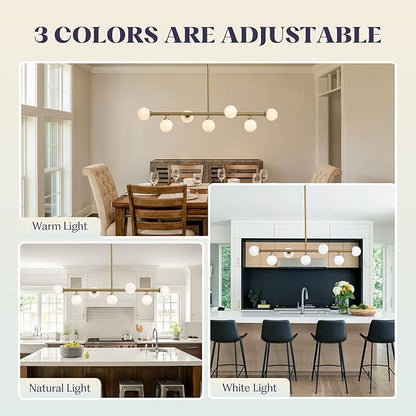Mid Century Chandelier, Gold Sputnik Pendant Light with White Glass Lampshade,7 Lights Globe Rectangle Linear Chandeliers for Dining Room Kitchen L43.3 in x W11.8 in