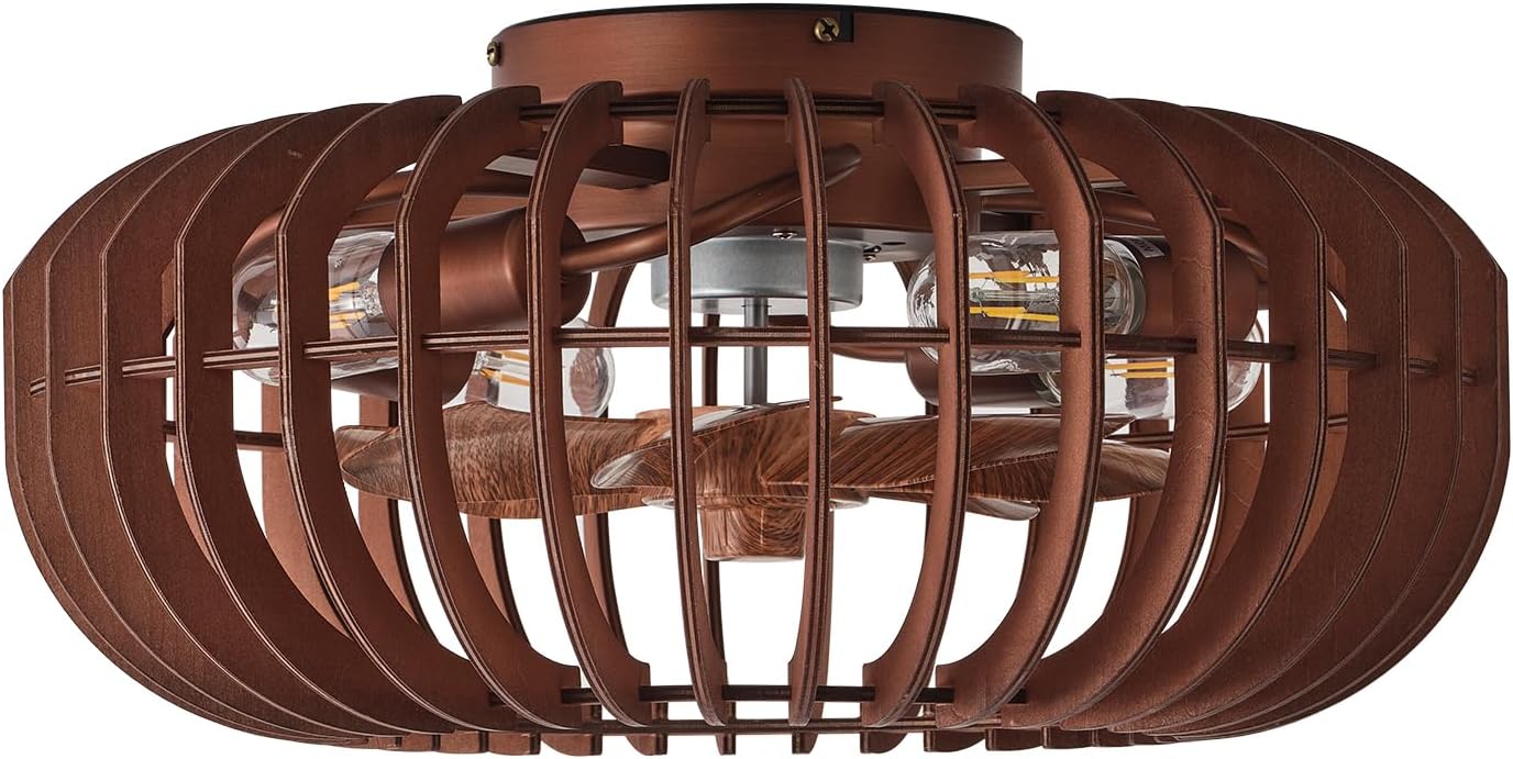 20" Wood Ceiling Fans with Lights Flush Mount, Caged Farmhouse Rustic Ceiling Fan with Light Remote Control, Wooden Low Profile for Bedroom, Living Room, Nursery
