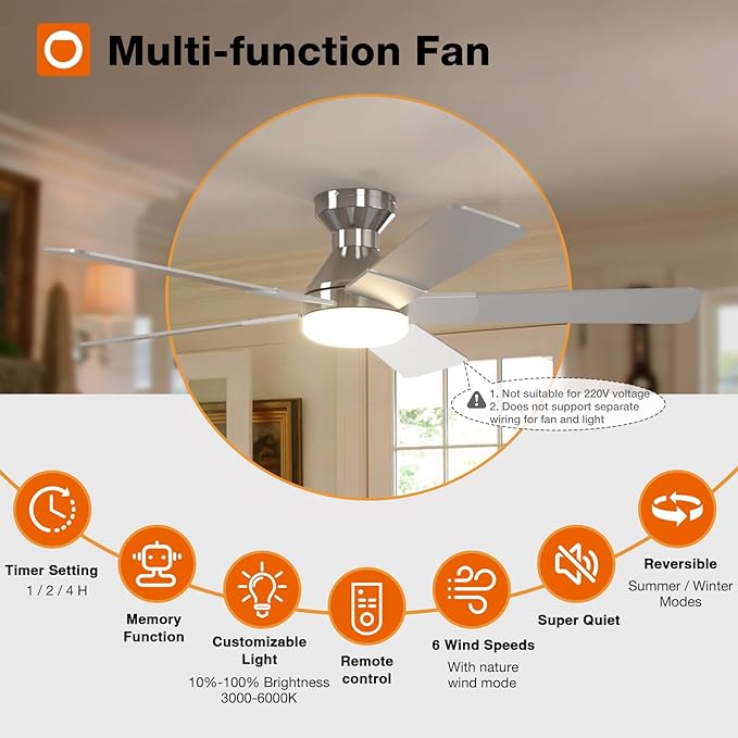 addlon Ceiling Fans with Lights, 52 inch Low Profile Ceiling Fan with Light and Remote Control, Flush Mount, Reversible, 3CCT, Dimmable, Noiseless, Nickel Ceiling Fan for Bedroom, Indoor/Outdoor Use