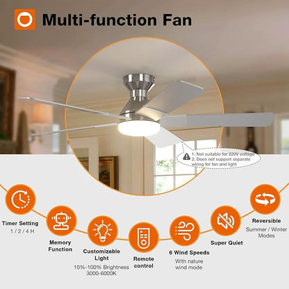addlon Ceiling Fans with Lights, 52 inch Low Profile Ceiling Fan with Light and Remote Control, Flush Mount, Reversible, 3CCT, Dimmable, Noiseless, Nickel Ceiling Fan for Bedroom, Indoor/Outdoor Use