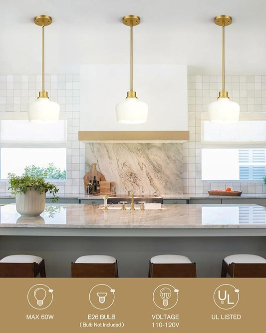 Emak Modern Pendant Lights Kitchen Island, 8 Inch Gold Pendant Light with Milk Glass Shade, Hanging Light Fixture for Kitchen Island, Dining Room, Bathroom, Bedroom, PL122-GD-ML