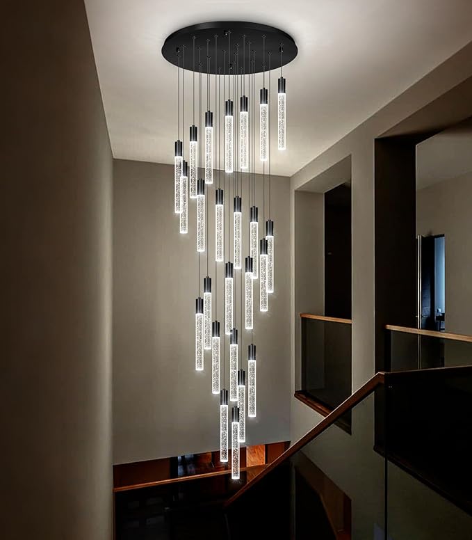 HAIXIANG 13 Foot High Ceiling Chandelier for Entryway Modern Crystal Lights for Living Room Foyer Flush Mount Sloping Ceiling Pendant Light Fixture Remote Dimmable 24-Lights Black