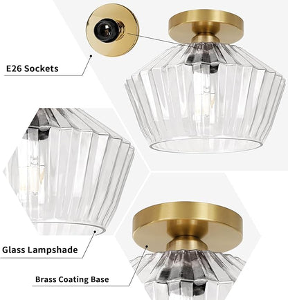 FRIDEKO HOME Semi Flush Mount Ceiling Light - Glass Hallway Lighting Fixtures Ceiling Black Ceiling Light Fixture for Hallway Bedroom Kitchen Bathroom Entryway (Bronze Gold)