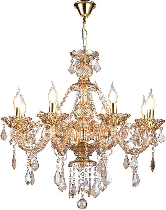 8-Light Amber Crystal Chandelier, K9 Crystal Modern Luxurious Crystal Candle Pendant Light, Luxury Crystal Ceiling Light Fixtures for Living Room, Kitchen, Dining Room (8 Lights)