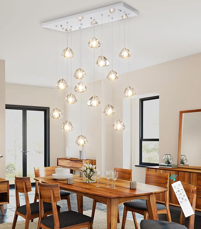 HAIXIANG Crystal Rectangular LED Chandelier for Living Dining Room Light Dimmable High Ceiling Pendant Lights Fixtures Lighting Chandeliers for Foyer Entryway Lighting Polished Chrome