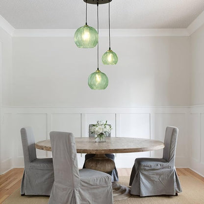3-Light Glass Globe Light for Kitchen Island, Mid-Century Modern Pendant Ball Chandelier with Green Ribbed Lampshade, Vintage Hanging Ceiling Light Fixture for Dining Room, Over Sink, Table