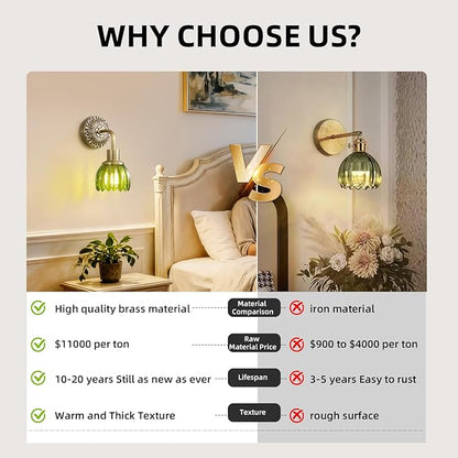 Brass Indoor Hardwired Wall Sconces Set of 2 - Glass Shade, Modern Bedside Lighting for Bedroom, Vanity & Living Room