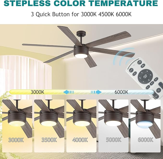 SHOWDI Ceiling Fan with Lights and Remote, 6 Blade App Control Timer Reversible Stepless Brightness and Color Temperature Outdoor Wood Ceiling Fan with Lights (Brown, 72 Inch)