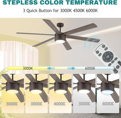 SHOWDI Ceiling Fan with Lights and Remote, 6 Blade App Control Timer Reversible Stepless Brightness and Color Temperature Outdoor Wood Ceiling Fan with Lights (Brown, 72 Inch)