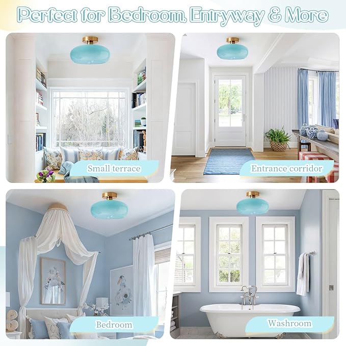 Blue Close to Ceiling Light Fixture Vintage Flush Mount Ceiling Lights 11" Round Thickened Glass Shade Gold Mid Century Semi Flush Mount Light Hallway Entrance Lighting Fixtures