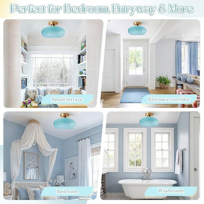 Lighting Glass Flush Mount Ceiling Light Blue Round Dome Glass Shade Mid Century Semi Flush Mount Ceiling Light Fixtures wtih Bathroom Overhead Lights Nordic Hallway Lights Fixture