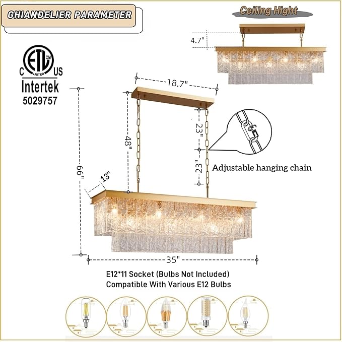 35.4 Inch 11-Light E12 Modern Dining Room Chandelier, Kitchen Island Chandelier Gold Rectangular, Water Ripple Glass Adjustable Hanging Ceiling Light Fixture