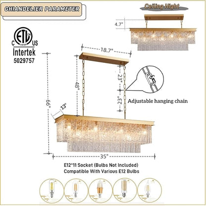 35.4 Inch 11-Light E12 Modern Dining Room Chandelier, Kitchen Island Chandelier Gold Rectangular, Water Ripple Glass Adjustable Hanging Ceiling Light Fixture
